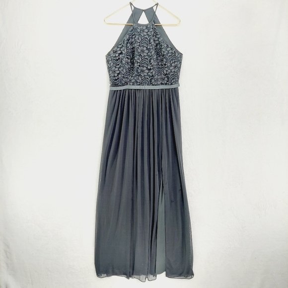 David’s Bridal Grey Dress with High Slit Open Back Dress P6137 - Picture 2 of 10